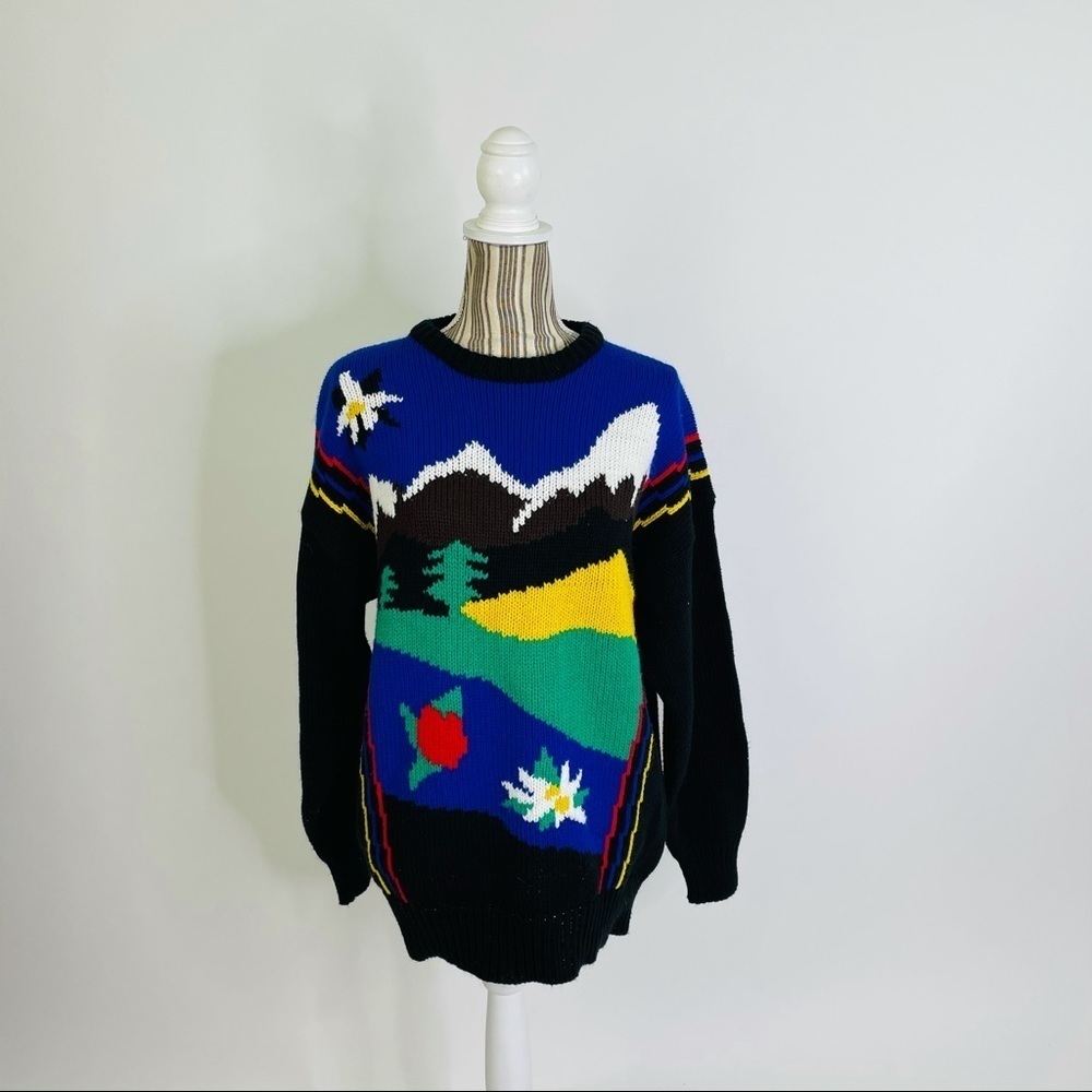 Vintage 90s Mountain Scenery Knit Black Sweater